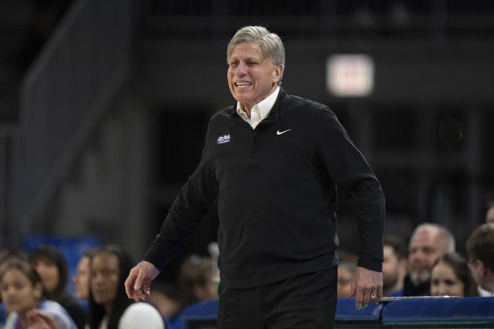 FILE - DePaul women's basketball head coach Doug Bruno looks on prior to securing his 800th career win during an NCAA basketball game, Nov. 20, 2022, in Chicago. (AP Photo/Matt Dirksen, File)