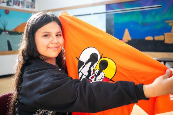 Breanna Mink (16),  designed the orange shirt day t-shirts that Rossbrook House is selling to raise funds for the the inner-city drop-in centre. Breanna has been a Rossbrook House participant for several years and is also one of the junior staff members. (Mikaela MacKenzie / Free Press)