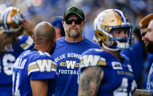 Winnipeg Blue Bombers head coach Mike O&rsquo;Shea on the sideline against the Saskatchewan Roughriders during the first half of CFL Banjo Bowl action in Winnipeg Saturday, September 7, 2024. (John Woods / The Canadian Press)
