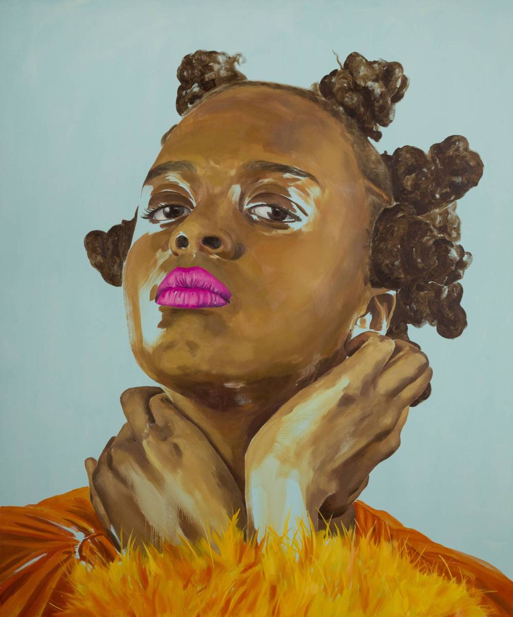 Malaikah in Ostrich Feathers, 2023, oil on canvas, 72” x 60”