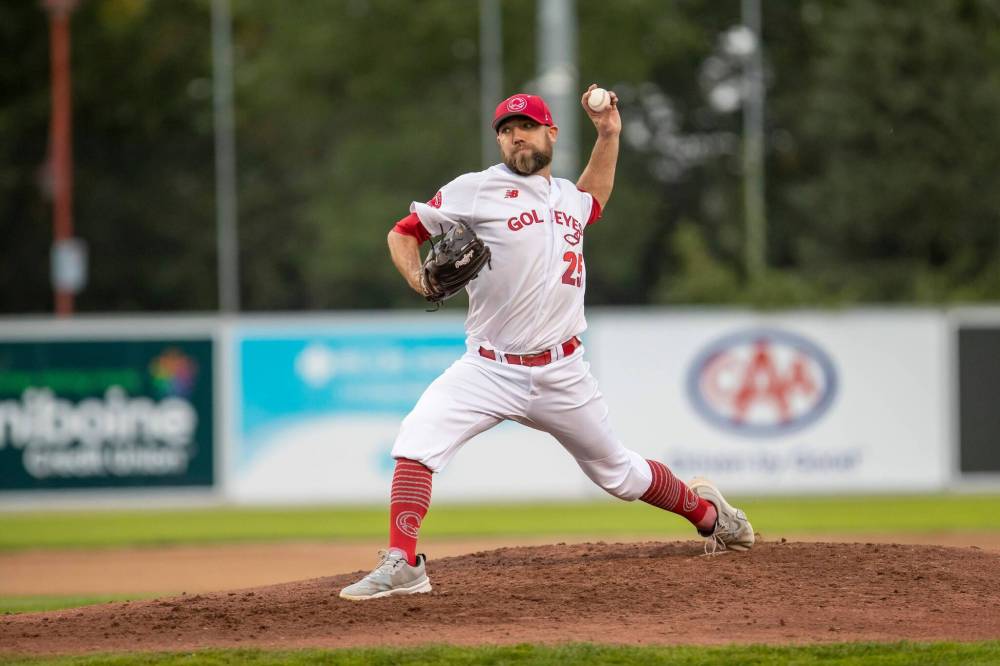 BROOK JONES / FREE PRESS
Winnipeg Goldeyes pitcher Mitchell Lambson was brilliant against the Redhawks.