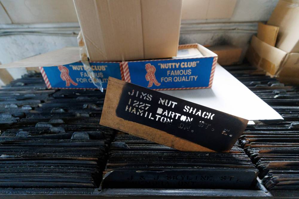 MIKE DEAL / FREE PRESS
Old shipping label stencils sit covered in black ink.