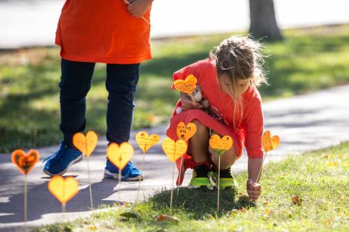 MIKAELA MACKENZIE / FREE PRESS 	 Grade two student Ivy places orange hearts along the walkway project at cole Van Walleghem School Thursday, Sept. 26, 2024. For Maggie story. Winnipeg Free Press 2024
