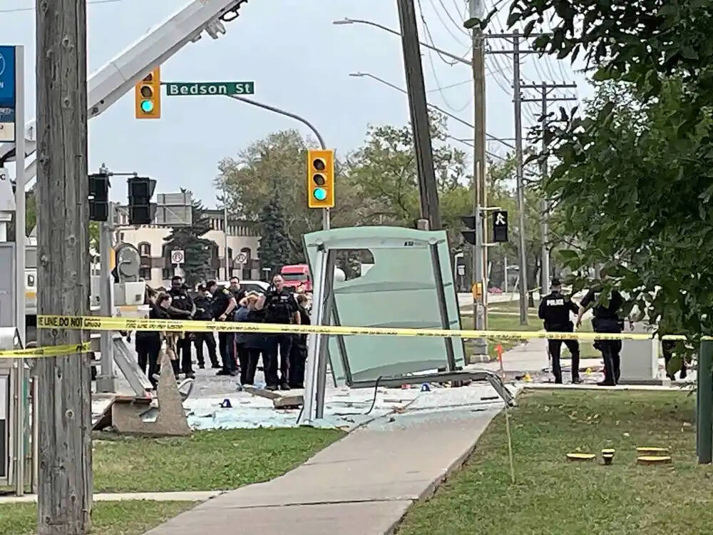 A destroyed bus shelter at the scene of the collision on Portage Avenue at Bedson Street on Sept. 13. (Free Press files)