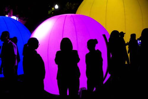 MIKE SUDOMA / FREE PRESS
                                moonGARDEN by artist Anna Pinto Diallo takes over the Cube in the Exchange District with its giant coloured balls and soundscapes.