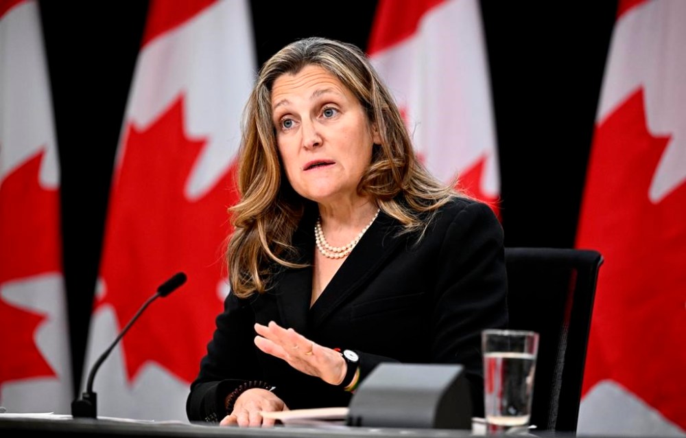Deputy Prime Minister and Minister of Finance Chrystia Freeland speaks at a news conference on the government's economic plan, at National Press Theatre in Ottawa, on Tuesday, Oct. 8, 2024. THE CANADIAN PRESS/Justin Tang