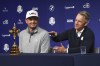 U.S. Ryder Cup golf team captain Keegan Bradley, left, and Team Europe captain Luke Donald at a press conference in New York, Tuesday, Oct. 8, 2024. (AP Photo/Heather Khalifa)