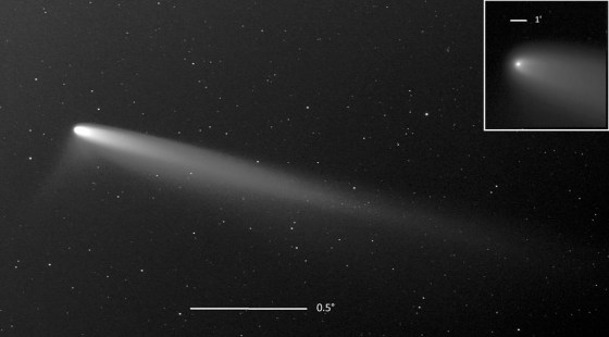 This image provided by Patrick Ditz shows two views of comet C/2023 A3 with bars added to indicate its angular size, seen from San Pedro de Atacama, Chile, in September. (Patrick Ditz via The Associated Press files)