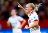 Munich's Pernille Harder celebrates after scoring her side's fifth goal during the women's Champions League group C soccer match between FC Bayern Munich and Arsenal Women FC in Munich, Germany, Wednesday, Oct. 9, 2024. (Sven Hoppe/dpa via AP)