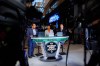 From left, Adnan Virk, Blake Bolden, and Thomas Hickey record their analysis of the night during the Toronto Maple Leafs pre-season hockey game against the Detroit Red Wings as Amazon rehearses their production of Monday Night Hockey, at Scotiabank Arena in Toronto, Saturday, October 5, 2024. THE CANADIAN PRESS/Cole Burston