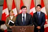 Minister of Public Safety, Democratic Institutions and Intergovernmental Affairs Dominic LeBlanc, centre, Prime Minister Justin Trudeau, right, and Minister of Foreign Affairs Melanie Joly participate in a news conference on the investigative efforts related to violent criminal activity occurring in Canada with connections to India, on Parliament Hill in Ottawa, on Monday, Oct. 14, 2024. The public safety minister is expected to testify at a federal inquiry into foreign interference just one day after announcing explosive allegations about crimes of murder, coercion and extortion in Canada linked to agents of the Indian government. THE CANADIAN PRESS/Justin Tang