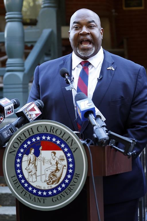 North Carolina Lt. Gov. Mark Robinson speaks at a news conference in Raleigh, N.C., Tuesday, Oct. 15, 2024. (AP Photo/Karl B DeBlaker)