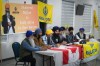 Guru Nanak Sikh Gurdwara spokesperson and youth leader, Gurkeerat Singh, 4th left, responds to questions as Gurmeet Singh Toor, 5th left, who RCMP served with a document warning of threats to his life last year, listens during a news conference, in Surrey, B.C., on Tuesday, Oct. 15, 2024. Temple president Hardeep Singh Nijjar was assassinated in his vehicle while leaving the temple parking lot last year. THE CANADIAN PRESS/Darryl Dyck