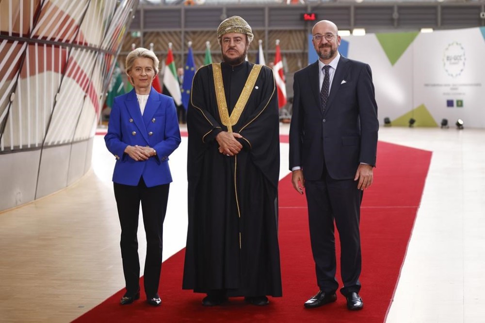 European Council President Charles Michel, right, and European Commission President Ursula von der Leyen, left, welcome Oman's Deputy Prime Minister for International Affairs Al Sayyid Asaad Tariq Taimur Al Said during an EU-Gulf Cooperation Council meeting at the European Council building in Brussels, Belgium, Wednesday, Oct. 16, 2024. (Johanna Geron, Pool Photo via AP)