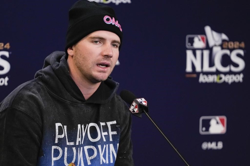 New York Mets' Pete Alonso speaks during a news conference before Game 3 of a baseball NL Championship Series against the Los Angeles Dodgers, Wednesday, Oct. 16, 2024, in New York. (AP Photo/Frank Franklin II)