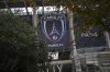 The Paris FC soccer club banner is seen outside the Charlety stadium in Paris, France, Thursday, Oct.17, 2024. (AP Photo/Thibault Camus)