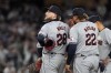 Cleveland Guardians starting pitcher Tanner Bibee (28) waits to be pulled from the game during the second inning in Game 2 of the baseball AL Championship Series against the New York Yankees Tuesday, Oct. 15, 2024, in New York. (AP Photo/Godofredo Vásquez)