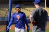 New York Mets' Francisco Lindor, left, smiles after batting during practice in preparation for Game 6 in a baseball NL Championship Series against the Los Angeles Dodgers, Saturday, Oct. 19, 2024, in Los Angeles. (AP Photo/Mark J. Terrill)