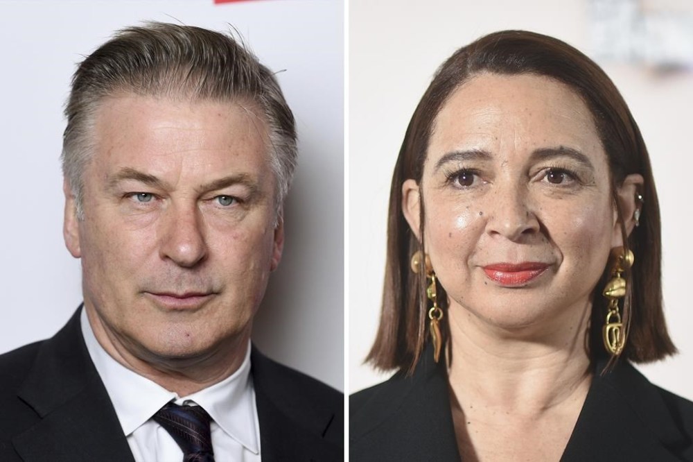This combination of photos shows Alec Baldwin, left, attending the 2019 PEN America Literary Gala at the American Museum of Natural History, May 21, 2019, in New York, and Maya Rudolph, right, arriving at the season two photo call for