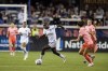 Bay FC forward Racheal Kundananji (9) drives the ball during the first half of a NWSL soccer match against the North Carolina Courage in San Jose, Calif., Saturday, Oct. 19, 2024. (Stephen Lam/San Francisco Chronicle via AP)
