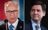 In this two-photograph panel; B.C. Conservative Leader John Rustad, left, and B.C. NDP Leader David Eby, right, pause while addressing supporters on election night, in Vancouver, on Saturday, October 19, 2024. THE CANADIAN PRESS/Ethan Cairns, Darryl Dyck