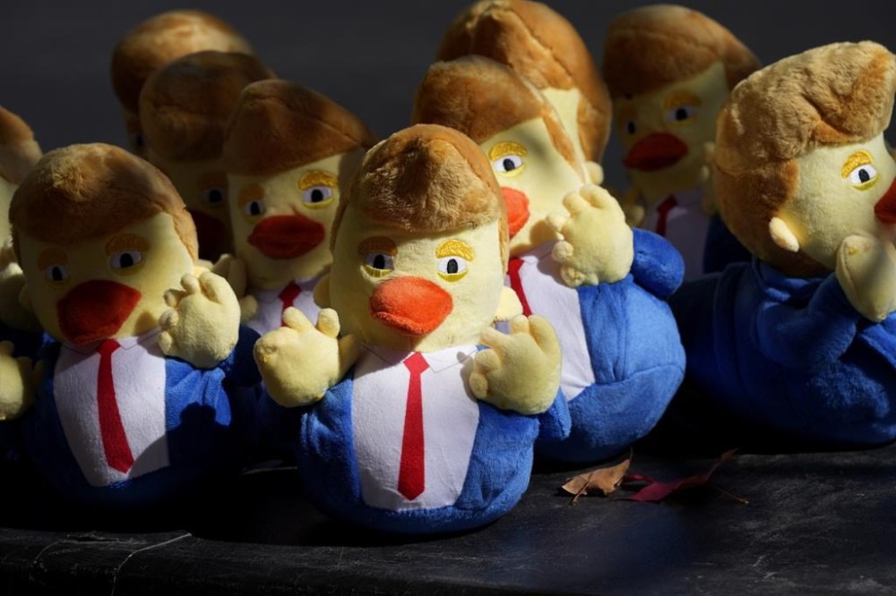 Donald Trump-themed stuffed toy ducks are pictured before the Republican presidential nominee former President arrives at the Lancaster Convention Center in Lancaster, Pa., Sunday, Oct. 20, 2024, where Trump will hold a town hall. (AP Photo/Susan Walsh)