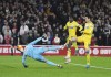 Crystal Palace's Daichi Kamada's shot is stopped by Nottingham Forest goalkeeper Matz Sels during a Premier League soccer match in Nottingham, England, Monday, Oct. 21, 2024. (Mike Egerton//PA via AP)