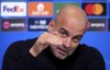 Manchester City manager Pep Guardiola attends the press conference, a day before the Champions League soccer match against Sparta Praha, at the City Football Academy in Manchester, England, Tuesday, Oct. 22, 2024. (Martin Rickett/PA via AP)
