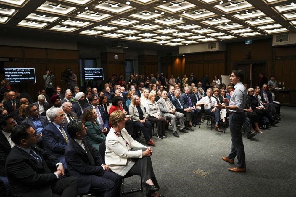 Prime Minister Justin Trudeau addresses caucus during a meeting on Parliament Hill in Ottawa on Wednesday, April 17, 2024. Trudeau will face down his own caucus members in a hotly anticipated meeting this morning, as several of them plan to try to convince him to step aside. THE CANADIAN PRESS/Sean Kilpatrick