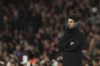 Arsenal's manager Mikel Arteta reacts during the Champions League opening phase soccer match between Arsenal and Shakhtar Donetsk, at the Emirates Stadium in London, Tuesday, Oct. 22, 2024. (AP Photo/Ian Walton)