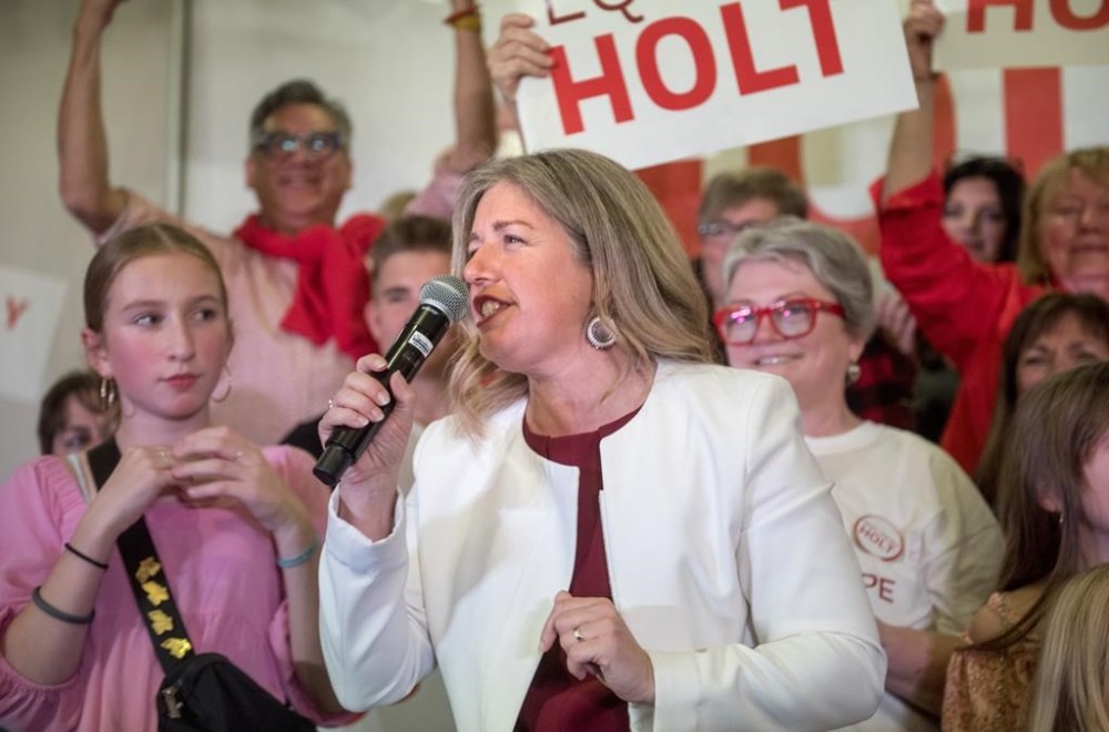 New Brunswick Liberal Leader and premier-designate Susan Holt speaks to supporters in Fredericton, Monday. THE CANADIAN PRESS/Stephen MacGillivray
