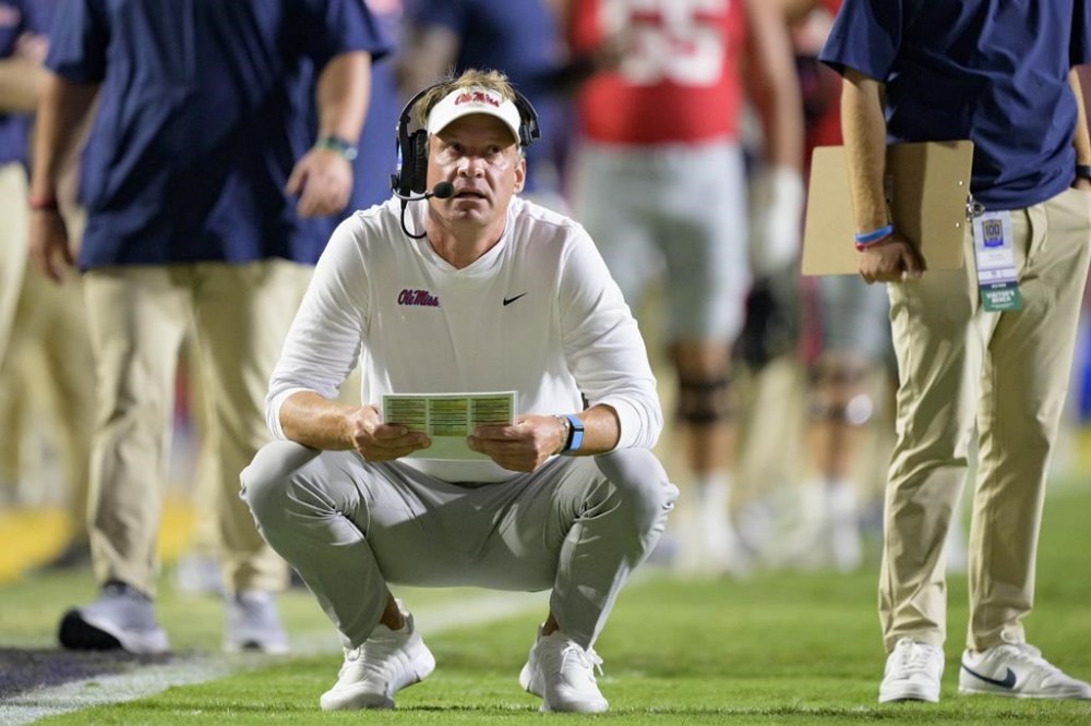 Mississippi head coach Lane Kiffin reacts against LSU during the first half of an NCAA college football game in Baton Rouge, La., Saturday, Oct. 12, 2024. (AP Photo/Matthew Hinton)
