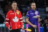 Alberta-Bottcher skip Brendan Bottcher, back right, and Team Canada skip Brad Gushue look on during their playoff match at the Brier, in Regina, on March 9, 2024. THE CANADIAN PRESS/Darryl Dyck