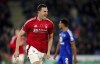 Nottingham Forest's Chris Wood celebrates scoring their side's second goal of the game during the Premier League match at the King Power Stadium, in Leicester, England, Friday Oct. 25, 2024. (Mike Egerton/PA via AP)