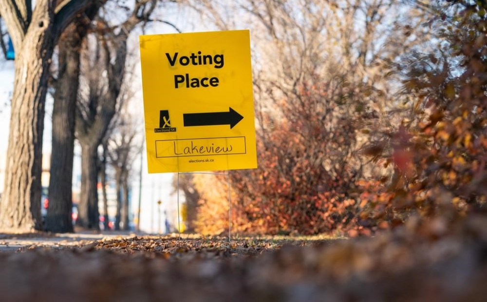 A sign is shown outside a voting place for the Saskatchewan general election in Regina, Thursday, Oct. 24, 2024. THE CANADIAN PRESS/Heywood Yu
