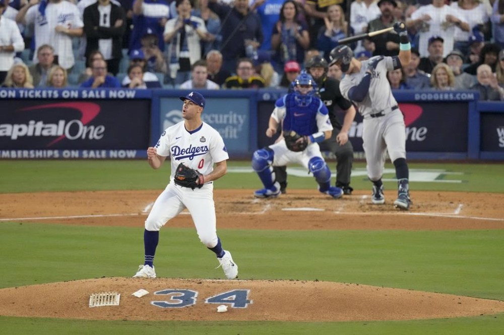 Los Angeles Dodgers starting pitcher Jack Flaherty reacts after striking out New York Yankees' Aaron Judge during the third inning in Game 1 of the baseball World Series, Friday, Oct. 25, 2024, in Los Angeles. (AP Photo/Mark J. Terrill)