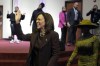 Democratic presidential nominee Vice President Kamala Harris waves as she arrives during a service at the Church of Christian Compassion, Sunday, Oct. 27, 2024. (AP Photo/Susan Walsh)