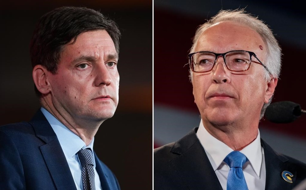 In this two-photograph panel; B.C. NDP Leader David Eby, left, and B.C. Conservative Leader John Rustad, right, pause while addressing supporters on election night, in Vancouver, on Saturday, Oct. 19, 2024. THE CANADIAN PRESS/Darryl Dyck, Ethan Cairns