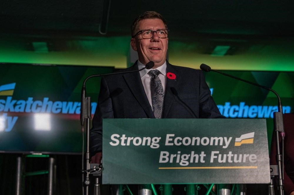 Re-elected Saskatchewan Premier Scott Moe speaks to media, following his party winning a majority government in the provincial election, in Shellbrook, Sask. on Tuesday, October 29, 2024. THE CANADIAN PRESS/Liam Richards