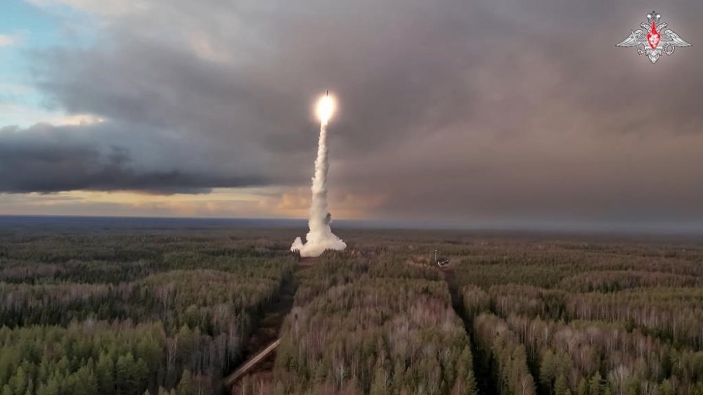 In this photo taken from video distributed by Russian Defense Ministry Press Service on Tuesday, Oct. 29, 2024, A Yars intercontinental ballistic missile is test-fired from the Plesetsk launchpad in northwestern Russia. (Russian Defense Ministry Press Service via AP)