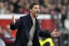 Leverkusen's head coach Xabi Alonso reacts during the German Soccer Cup match between Bayer Leverkusen and SV Elversberg at the BayArena in Leverkusen, Germany, Tuesday, Oct. 29, 2024. (AP Photo/Martin Meissner)