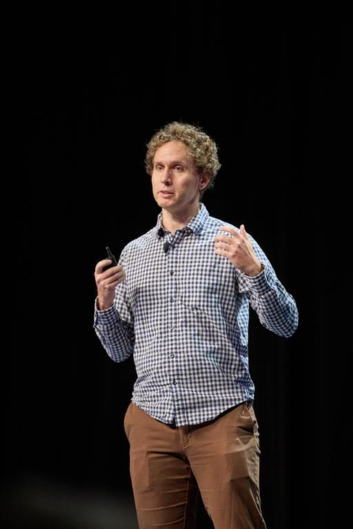 Jacob Steinhardt, an assistant professor of electrical engineering and computer sciences and statistics at UC Berkeley in California, is seen speaking in Toronto an event hosted by the Global Risk Institute in a Monday, Oct. 28, 2024, handout photo. THE CANADIAN PRESS/HO-GRI, Elaine Fancy, *MANDATORY CREDIT*