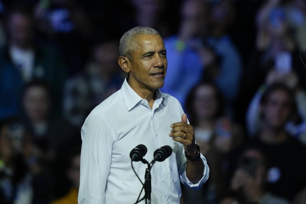 Former President Barack Obama speaks at a campaign rally supporting Democratic presidential nominee Vice President Kamala Harris, Monday, Oct. 28, 2024, in Philadelphia. (AP Photo/Matt Rourke)
