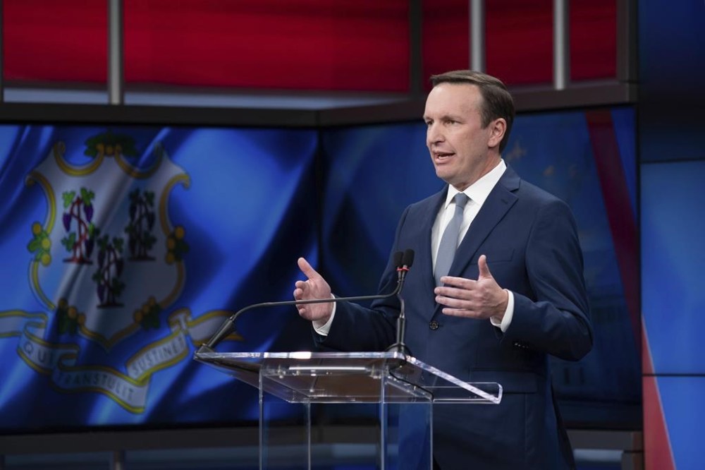 Democratic Sen. Chris Murphy speaks during a debate with Republican senate candidate Matt Corey, at WTNH's studio, Wednesday, Oct 30, 2024, in New Haven, Conn. (Courtesy WTNH via AP, Pool)
