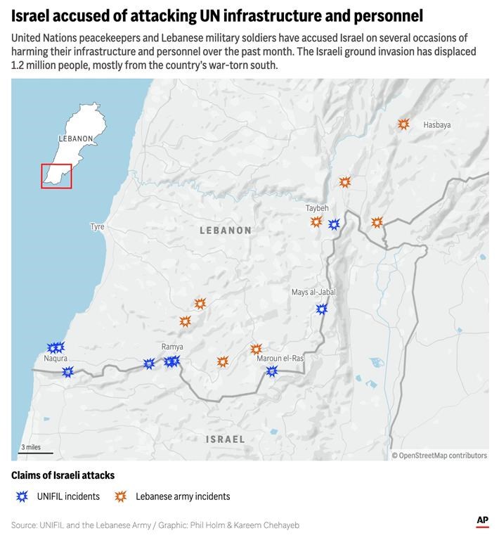 The map above locates sites of alleged confrontations between Israel and UNIFIL personnel and Israel and the Lebanese army. (AP Digital Embed)