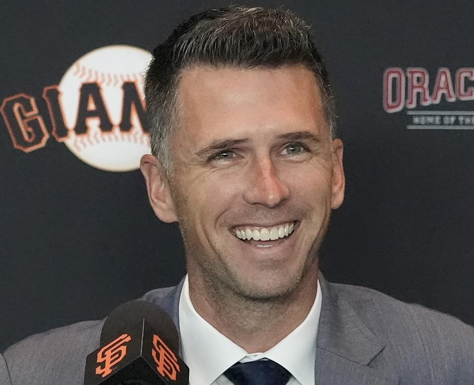FILE - San Francisco Giants president of baseball operations Buster Posey speaks during a news conference in San Francisco, Tuesday, Oct. 1, 2024. (AP Photo/Jeff Chiu, File)