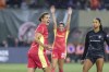 Portland Thorns forward Christine Sinclair (12) celebrates after her goal during the first half of an NWSL soccer match against Angel City FC at Providence Park on Friday Nov. 1, 2024 in Portland, Ore. (Sean Meagher/The Oregonian via AP)