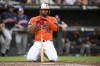 Baltimore Orioles designated hitter Eloy Jimenez looks on after he was almost hit by a pitch from Houston Astros reliever Caleb Ferguson during the eighth inning of a baseball game, Saturday, Aug. 24, 2024, in Baltimore. (AP Photo/Nick Wass, File)