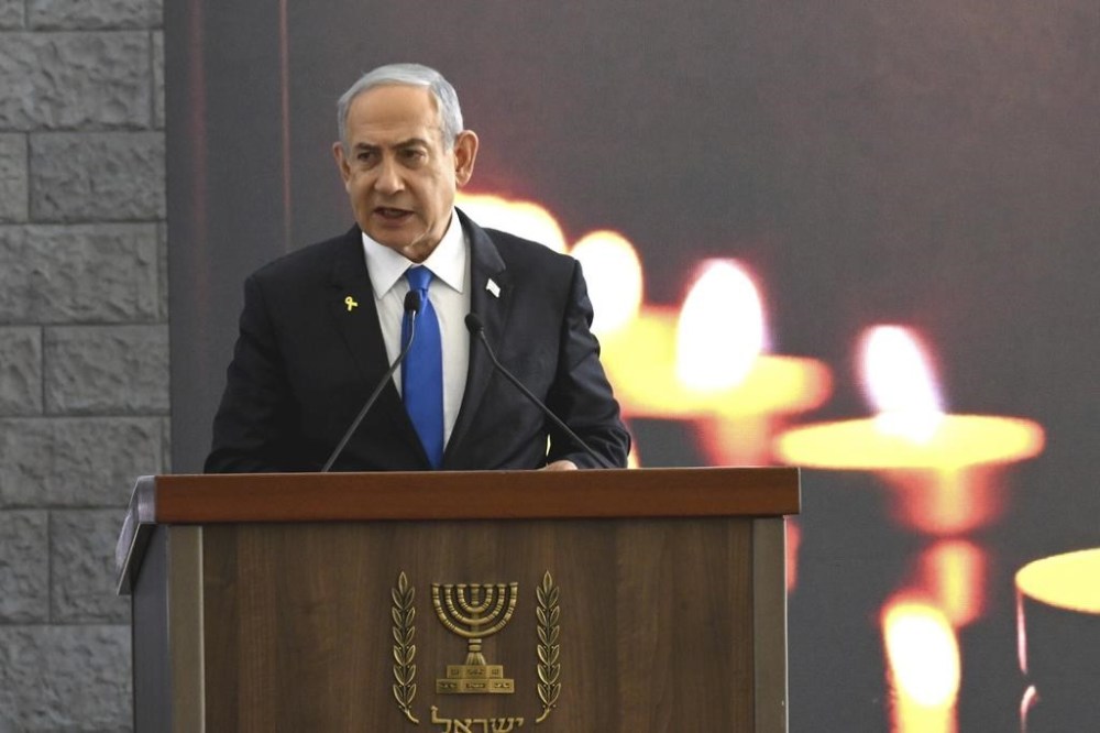 Israeli Prime Minister Benjamin Netanyahu speaks at a memorial ceremony for those killed by Hamas on Oct. 7, 2023, and those who fell in the