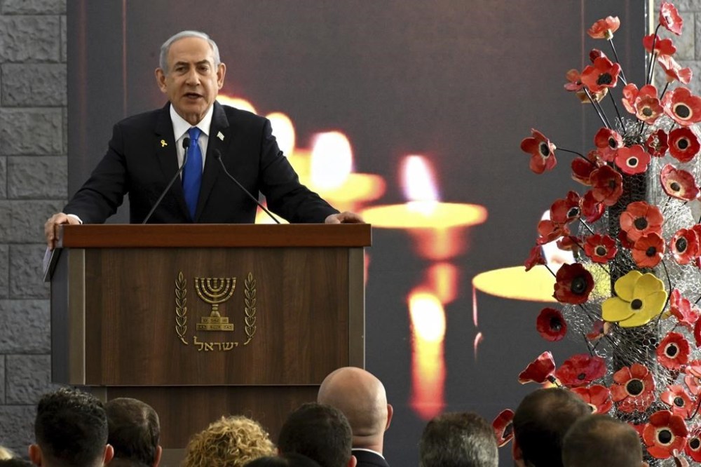 Israeli Prime Minister Benjamin Netanyahu speaks at a memorial ceremony for those killed by Hamas on Oct. 7, 2023, and those who fell in the